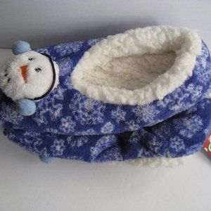 Women's Holiday Sherpa Slippers L/XL 8-10 Blue Snowflake w/ Snowman Plush NWT